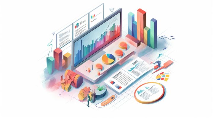 Several panels of charts and graphs evoking the feeling of steps and growth